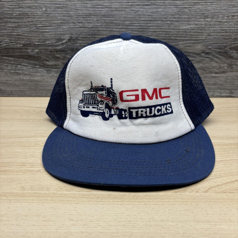 GMC Trucks Hat Cap Snap Back Mens Blue White Mesh Trucker Embroidered Big Rig